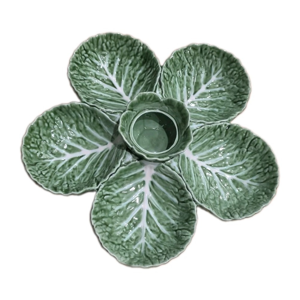 Bordallo Pinheiro Portugal Green Cabbage Leaf Divided Serving Dish Center Bowl